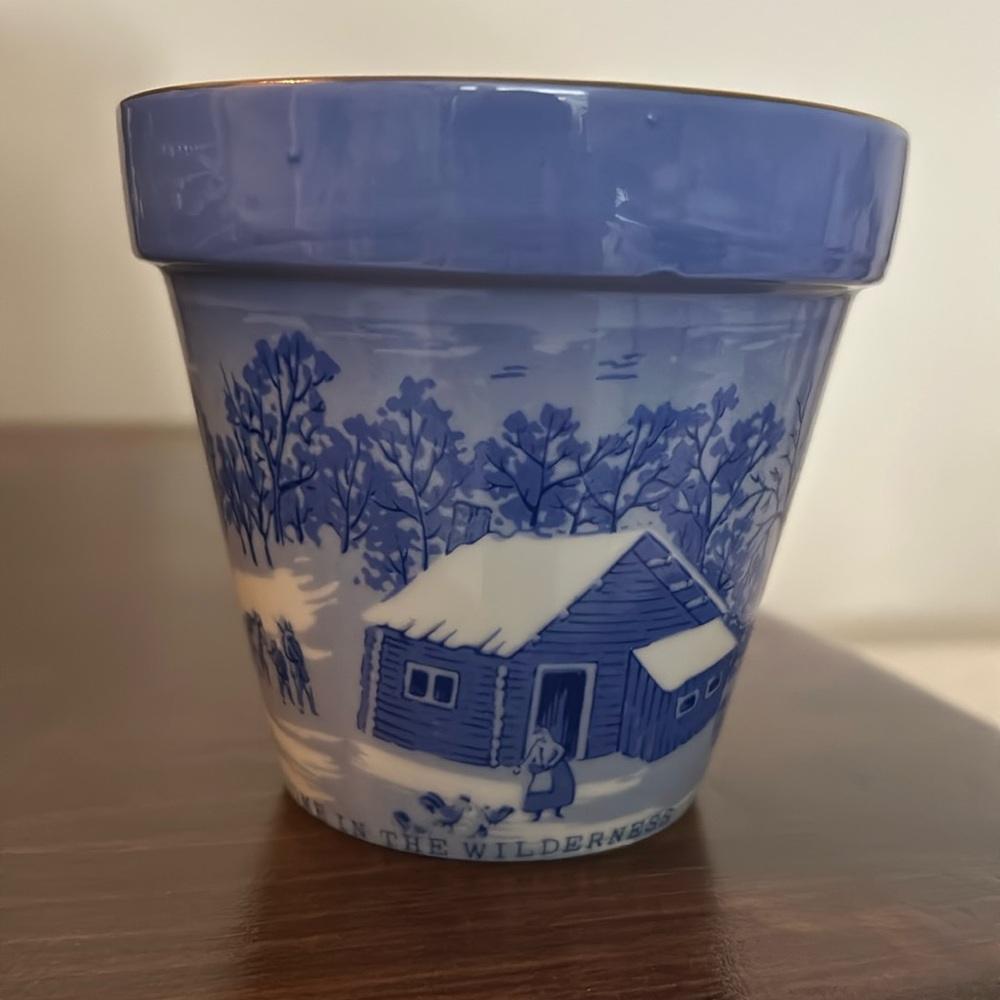 Currier & Ives - A Home in the Wilderness - Blue and White Ceramic art planter